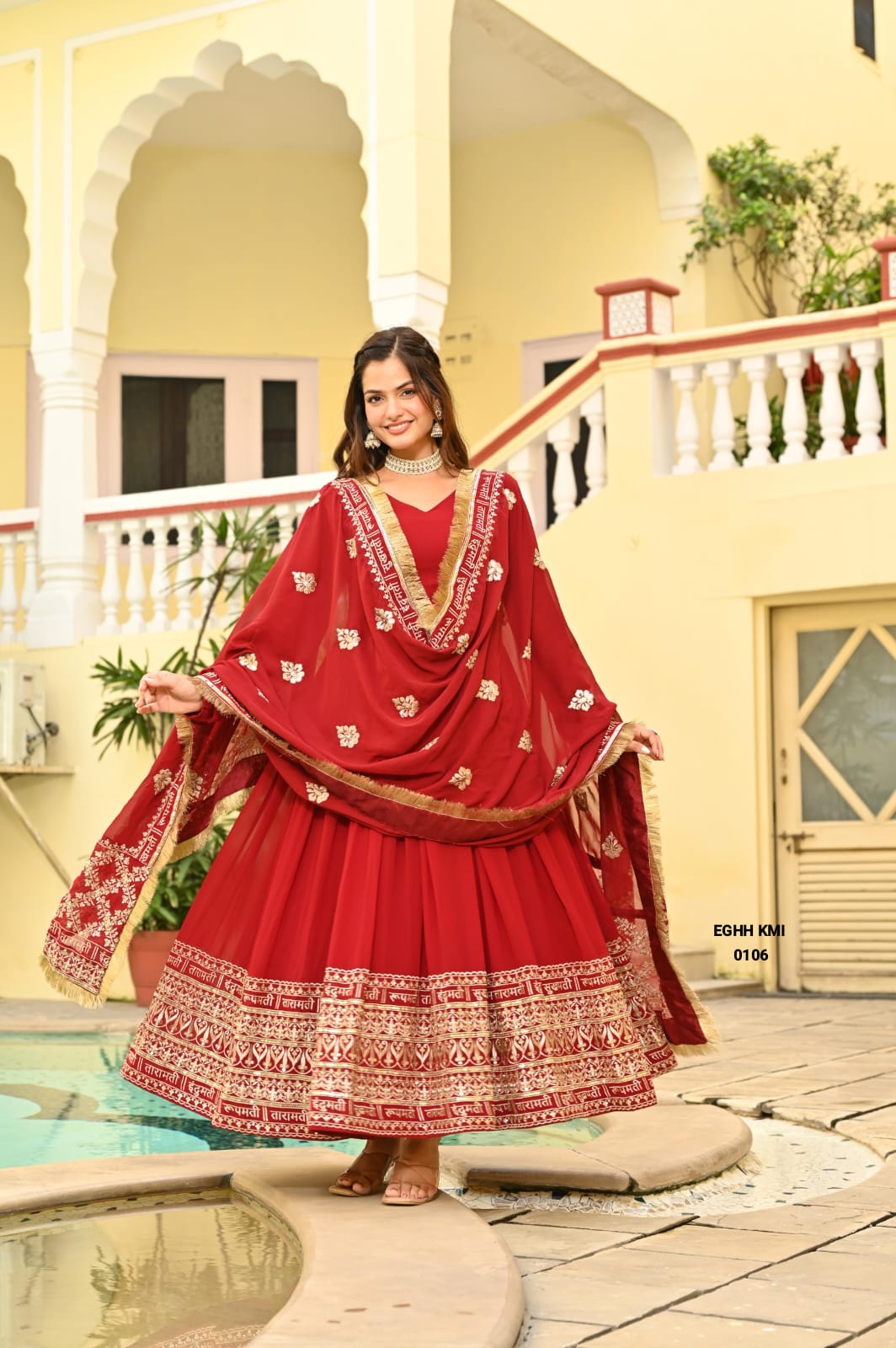 Premium Embroidered Flared Anarkali Suit Set with Dupatta – Red & Gold